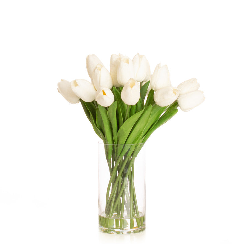 33cm Artificial White Tulips in Glass Vase
